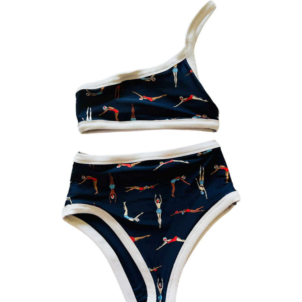 Aerie Swimsuit Bikini Size XS High Waisted Cheeky Asymmetrical Top Diver Pattern